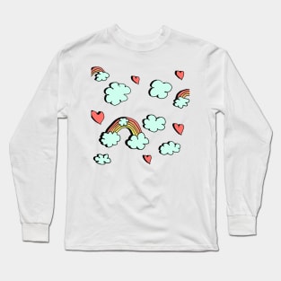 Rainbow Clouds Hearts Pattern Long Sleeve T-Shirt